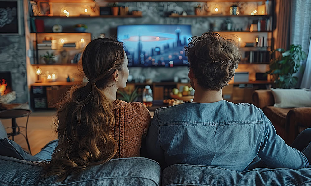 Pärchen, welches auf der Couch sitzt und Fernsehen guckt